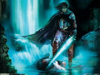 Воин на фоне водопада - фэнтези обои, , воин, водопад, голубой, меч, 1600x1200