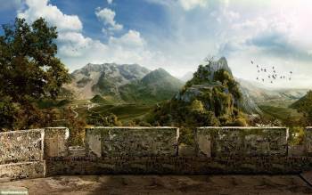 Прекрасный вид на горы со стены замка - обои, , замок, горы, зеленый, небо, голубой