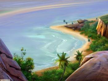 Райский берег - трехмерные обои на рабочий стол, , 3D, море, горы