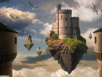 Обои в стиле фэнтези - летающий замок, , небо, птицы, замок