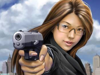 Девушка с пистолетом, обои на рабочий стол, , девушка, очки, пистолет