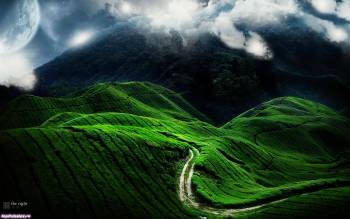 Дорога в горах, обои рироды на рабочий стол, , зеленый, поле, дорога, облака, горы
