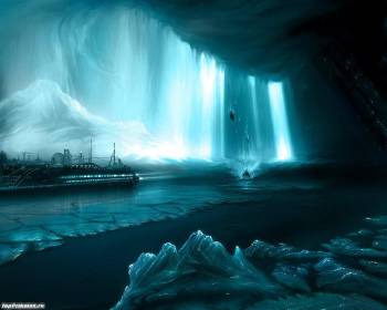 Футуристический корабль во льдах, обои на рабочий стол, , синий, голубой, горы, корабль, лед, зима