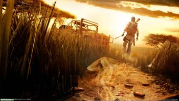 Обои из игры Far Cry 2, широкоформатные обои 1920x1080, , Far Cry 2, желтый, коричневый, авто, трава, гильза, закат