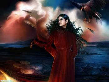 Девушка в красных одеждах - обои в стиле фэнтези, , перья, орел, птица, красный, синий, море, облака, девушка