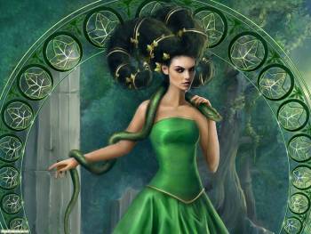 Обои в стиле фэнтези - повелительница змей, 1600x1200, , зеленый, девушка, змея, лес
