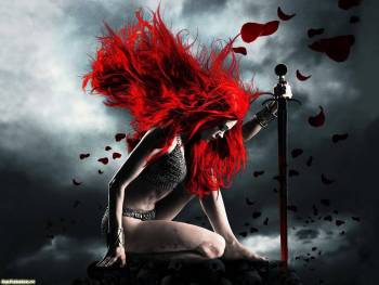 Обои в стиле фэнтези - воительница с красными волосами, , девушка, красный, воин, меч, серый