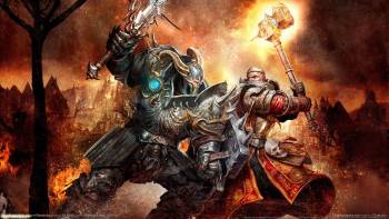 Warhammer Online - битва добра со злом, обои на рабочий стол, , Warhammer Online, схватка, меч, молот, воин, доспехи, череп