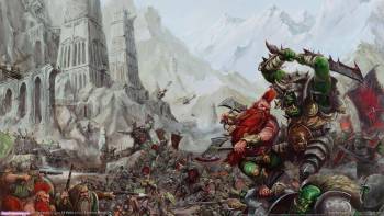 Красивые обои из игры Warhammer Online на рабочий стол, , орк, гном, Warhammer Online, замок, схватка, горы, меч, топор