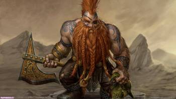 Обои из игры Warhammer Online - боевой гном, , гном, воин, борода, рыжий, топор, горы, татуировка