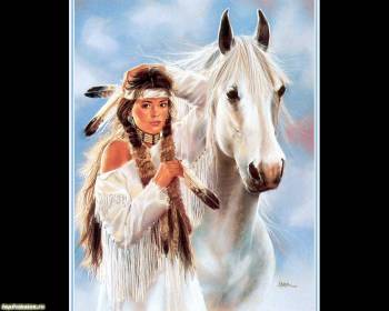 Девушка с белым конем - обои фэнтези, , девушка, конь, белый