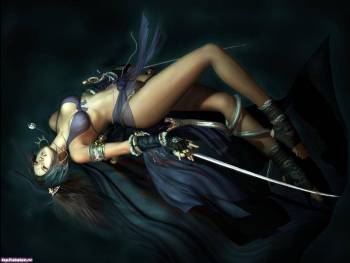 Девушка-воин со змеей, красивые обои. Скачать бесплатно, , змея, девушка, воин, меч, синий, темный, купальник