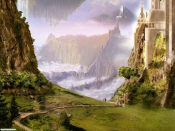 Обои в стиле фэнтези - белый замок на горе, , горы, замок, дорога, лес, белый, зеленый