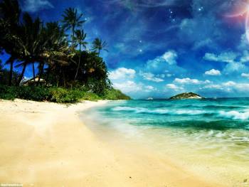 Красивые обои природы - океанский прибой, , океан, песок, пальма, волна, облака, голубой, желтый, зеленый