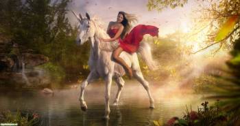 Девушка на единороге, широкоформатные обои фэнтези, , лошадь, единорог, наездница, девушка, плащ, красный, отражение, озеро, лес