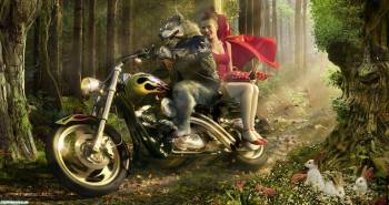 Красная шапочка и волк, широкоформатные обои, , волк, Красная шапочка, лес, дорога, премиум, мотоцикл