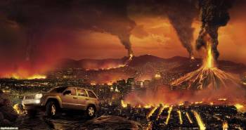 Обои авто - вопреки стихие, , вулкан, авто, горы, огонь, дым, коричневый, красный, оранжевый, внедорожник, лава, город, катастрофа