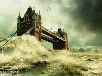 Красивые обои - наводнение, , наводнение, мост, вода, река, брызги, тучи, небо, город
