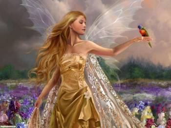 Большие обои в стиле фэнтези - девушка и птичка, , девушка, золотой, крылья, птица, поле, разноцветный, фэнтези, блондинка, облака