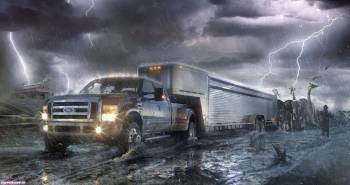 Авто обои - широкоформатные обои авто, грузовик, , авто, грузовик, молния, гроза, дождь, темный, грязь, дорога, прицеп, тучи, мрачный