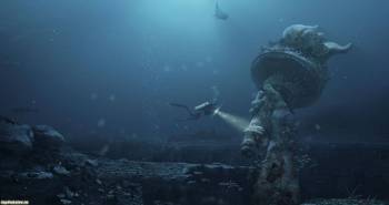 Статуя Свободы под водой - красивые обои  2020x1070 пикселей, , аквалангист, статуя, под водой, вода, глубина, темный, мрачный, синий, голубой