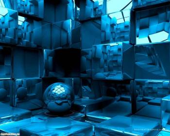 3D обои - синий шар, , шар, синий, куб, отражение, зеркало