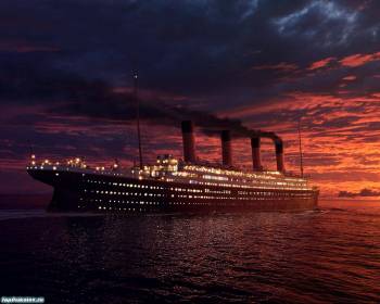 Титаник - обои с корадлями на рабочий стол, , дым, корабль, Титаник, океан, закат, вечер, небо, тучи, облака, розовый, отражение