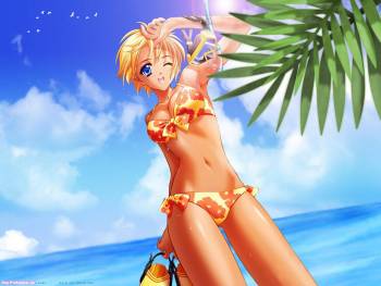 Пляжные развлечения - обои в стиле аниме и манга, , аниме, манга, девушка, блондинка, пальма, океан, небо, облака, голубой, синий, купальник, ласты