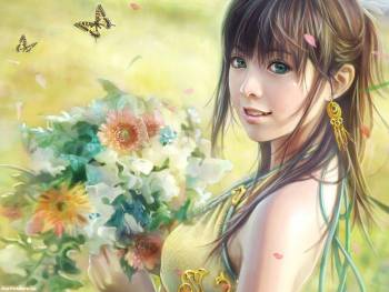 Обои в стиле фэнтези, , девочка, бабочка, цветок, желтый, портрет