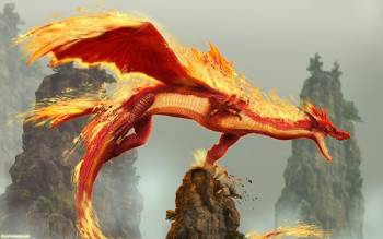Огненный дракон - обои фэнтези на рабочий стол, , дракон, огонь, скалы, горы, камни, фэнтези