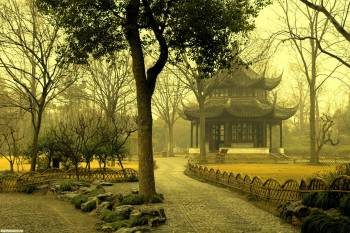 Китайская пагода - красивые обои скачать бесплатно, , Китай, пагода, дорожка, ограда, камень, туман, парк