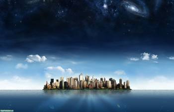 Город в океане - скачать большие обои на рабочий стол, , город, вода, океан, небо, голубой, синий, облака, здание