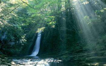 Водопад в Японии - широкоформатные обои 1920x1200, , Мие, Япония, водопад, лучи, зеленый, природы