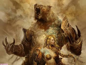 Воительница и медведь - мрачные обои фэнтези, , воительница, щит, медведь, доспехи, коса, блондинка, цепи