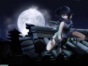 Мрачные обои аниме на рабочий стол - девушка с катаной, , луна, крыша, аниме, девушка, катана, меч, пагода, черепица