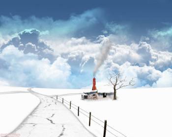 Обои зима - прикрольные зимние обои для вашего монитора, , зима, снег, дорога, забор, дом, дым, небо, тучи, дерево, 3D