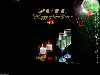 Обои на Новый год 2010, , Новый год, 2010, бокал, салют, свеча, шар, роза, праздник