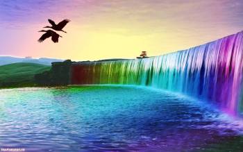 Скачать обои радуга - шикарные обои с разноцветным водопадом, , радуга, водопад, цапля, озеро, разноцветный