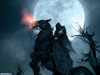 Мрачные обои в стиле фэнтези - рыцарь смерти, , рыцарь, фэнтези, смерть, лошадь, луна, дерево, небо, мрачный