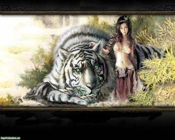 Фэнтези обои с белым тигром и девушкой, , тигр, девушка, фэнтези, лес, хищник