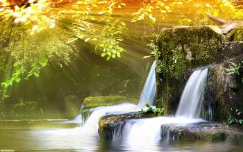 Обои водопад - широкоформатные обои природы, , вода, весна, водопад, лучи, камни, озеро