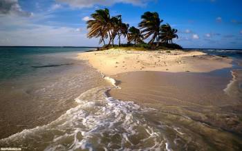 Тропический остров - райские обои на рабочий стол, , рай, тропики, остров, пальма, прибой, плилив, волны, песок, океан, небо, фото