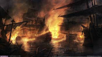 Игровый обои - морская битва, , море, битва, перестрелка, огонь, парусник, корабль