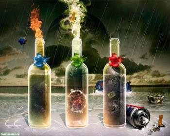Три бутылки - обои 1280x1024 пикселей, , бутылка, разноцветный, дождь, огонь