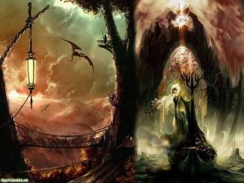 Мрачные фэнтези обои - волшебница на лодке, , фэнтези, мрачный, волшебница, дерево, рисунок