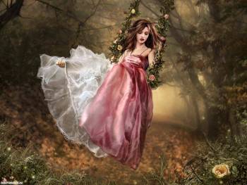 Девушка на качелях в лесу - обои фэнтези, , фэнтези, девушка, лес, платье, качели