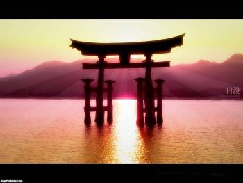 Японская храмовая постройка на озере, фотообои, , Япония, озеро, храм, горы, восход