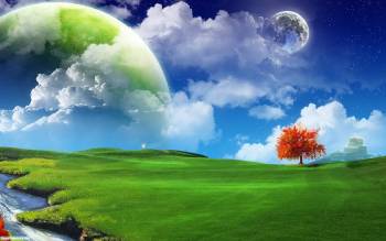 Красивые широкоформатные обои - коллаж на тему природы, , планета, дерево, поле, обрыв, небо, луна, облака, коллаж, фотошоп