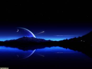Красивый синий закат на озере, обои природы, , природа, закат, луна, озеро, отражение, лес