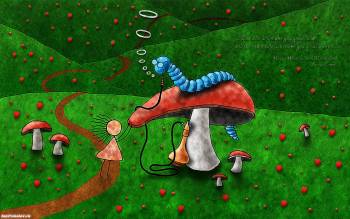 Прикольные мультяшные обои - гусеница на грибе, , гриб, гусеница, мультик, дорога, кальян